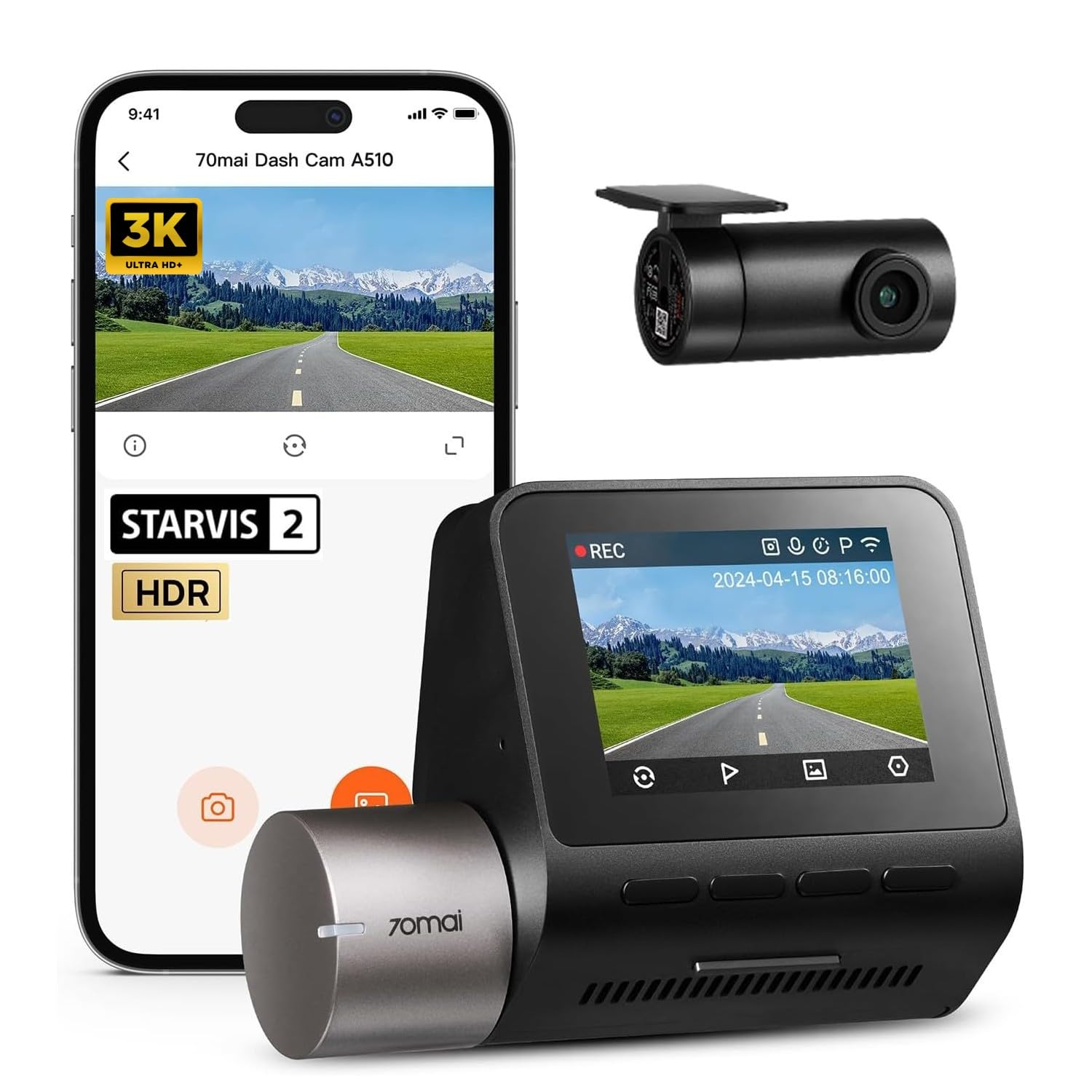 70mai A510 HDR 3K Dual Channel Dash Cam, STARVIS 2 IMX675